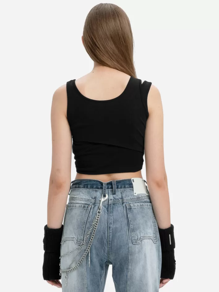 Clearance C2H4 004 - Layered Arch Cutting Knit Tank-Top Trail Black