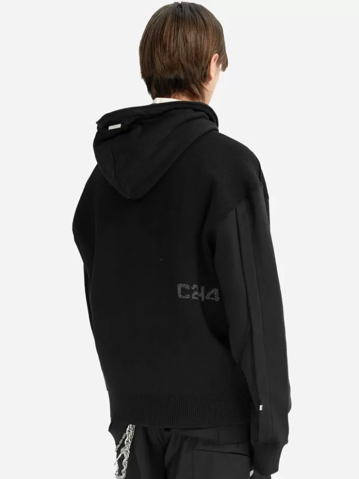 Fashion C2H4 005 - Contrast Raw Edge Sweater Hoodie Oxy Black