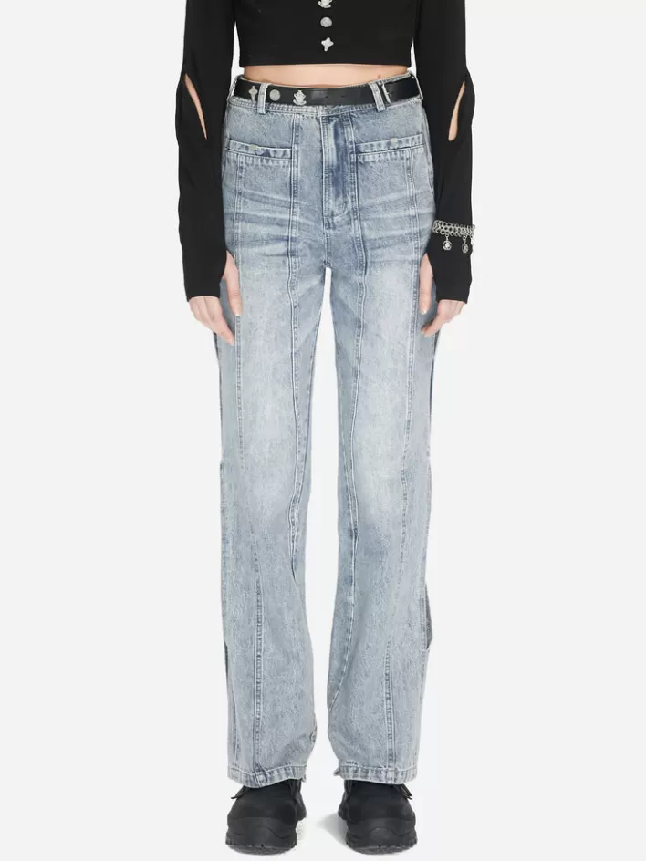 Shop C2H4 005 - Layering Paneled Cut-Out Jeans Faded Blue