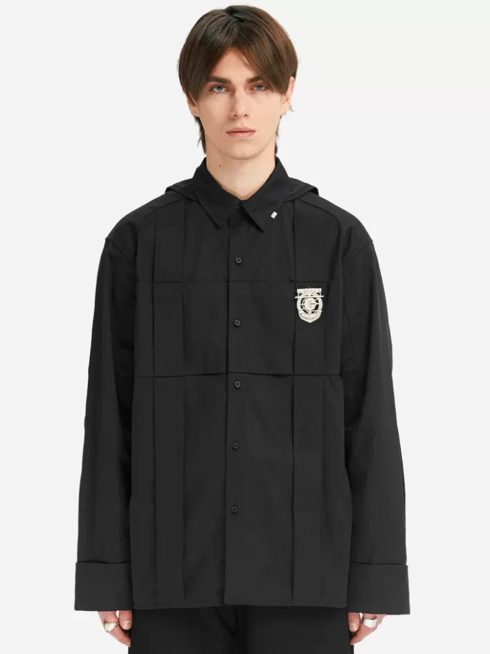 Store C2H4 005 - Paneled Stripe Pleated Badge Shirt Black