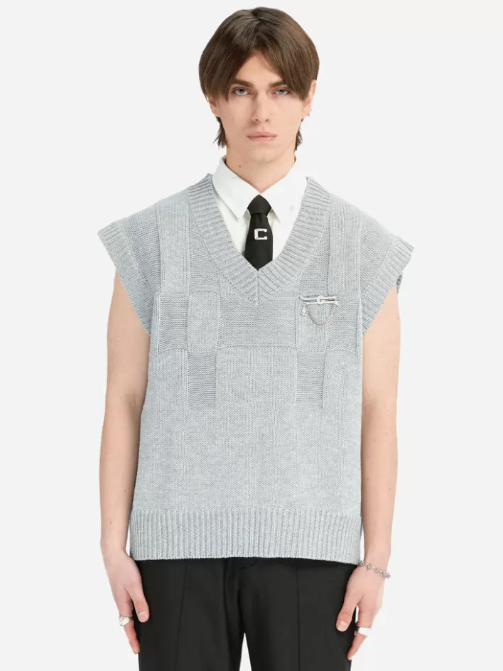 New C2H4 005 - Panelled Check Knit Vest Gray