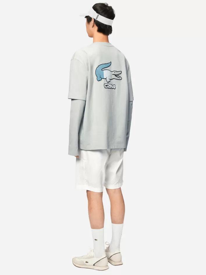 Store C2H4 X Lacoste Applique Logo Double Layer Long Sleeve T-Shirt Light Gray