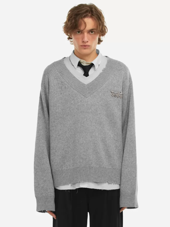 Best C2H4 Staff Uniform Layered V-Neck Sweater Gray